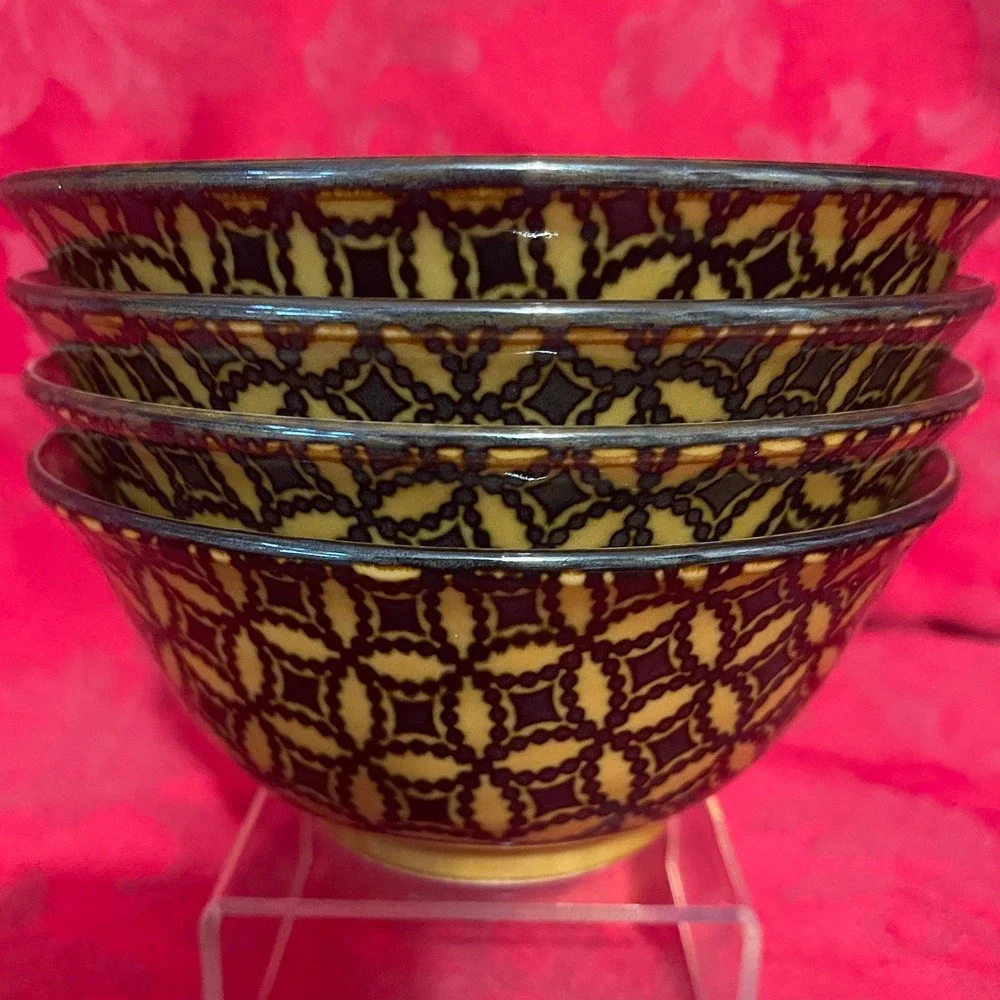 Vintage Topaz Shippo Black Yellow Rice Bowls Set of 4 Made in Japan Porcelain 6